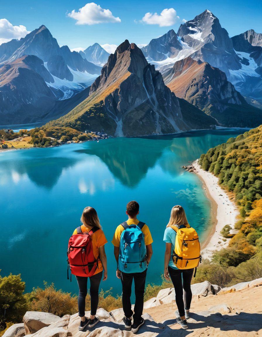 A breathtaking landscape showcasing diverse travel experiences such as a majestic mountain range, a serene beach, and iconic city landmarks blended together, with a couple enjoying a scenic view, backpacks beside them, symbolizing adventure. Bright, inviting colors with an emphasis on nature and exploration. super-realistic. vibrant colors. panoramic view.