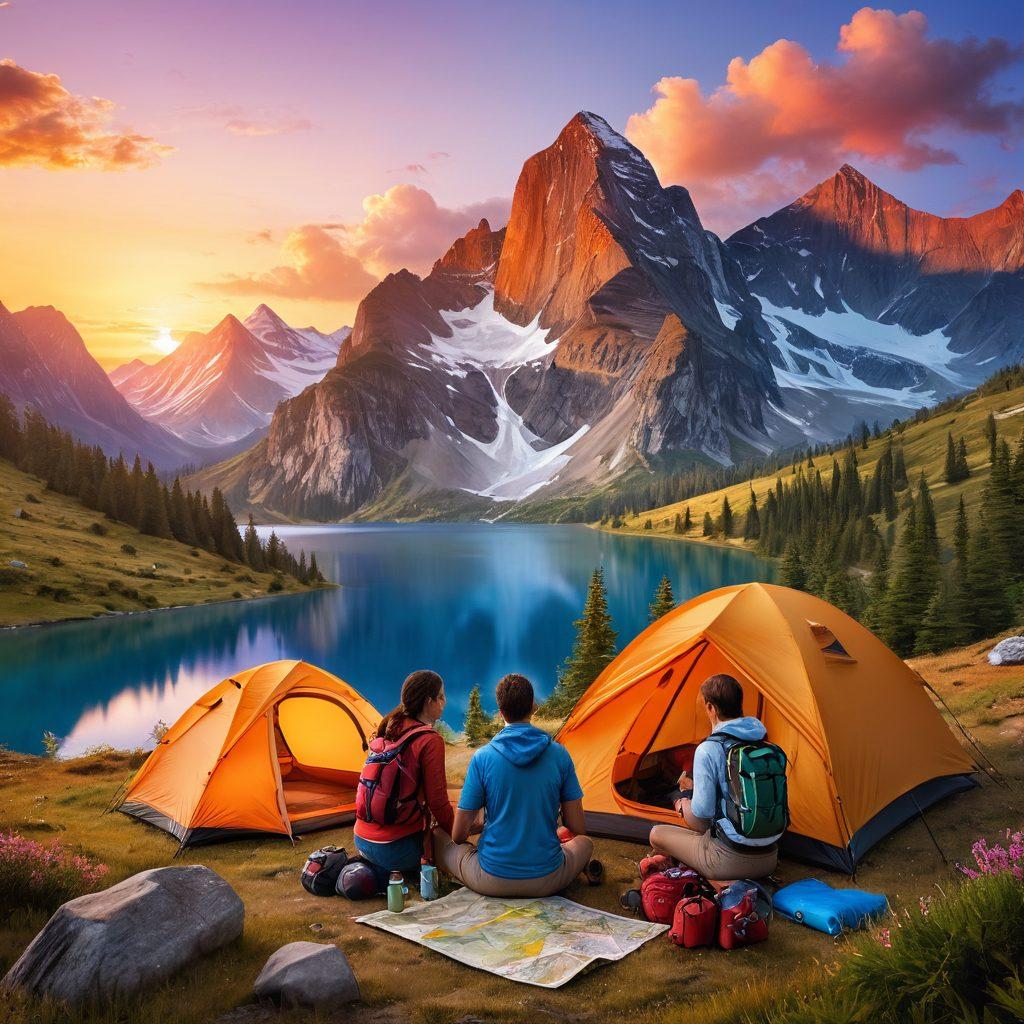 A picturesque travel scene showcasing a diverse group of enthusiastic adventurers exploring breathtaking landscapes, with mountains in the background and vibrant nature around them. Include elements of camping gear, a map, and a colorful sunset to evoke the spirit of exploration. Incorporate a sense of joy and camaraderie among the travelers. super-realistic. vibrant colors. 3D.