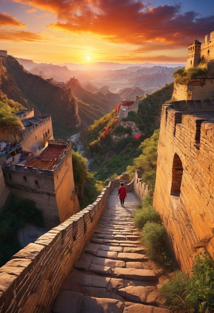 A breathtaking panorama showcasing famous global landmarks like Eiffel Tower, Great Wall of China, and the Grand Canyon, intertwined with vibrant scenes of joyful travelers exploring rugged terrains, serene beaches, and bustling markets. Include a sunset sky bursting with colors, symbolizing adventure and freedom. super-realistic. vibrant colors. wide angle.